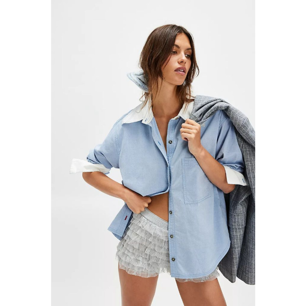 Free People Light Blue and White Button-Down Shirt